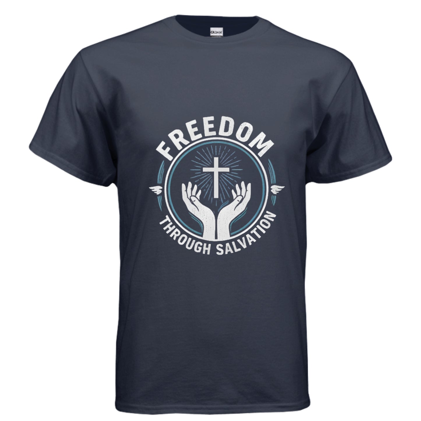 Freedom Through Salvation Christian T-Shirt NAVY Salvation Clothing and Accessories Apparel