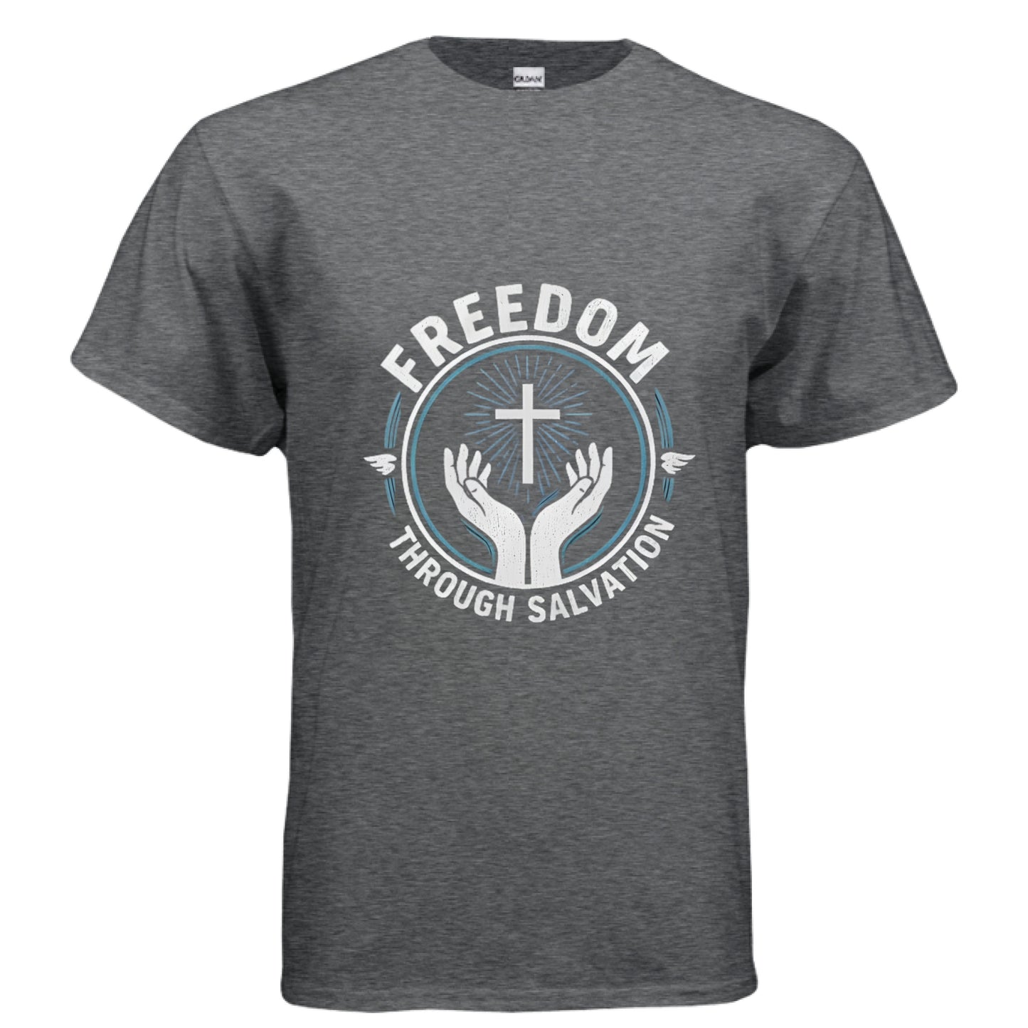 Freedom Through Salvation Christian T-Shirt DARK HEATHER Salvation Clothing and Accessories Apparel