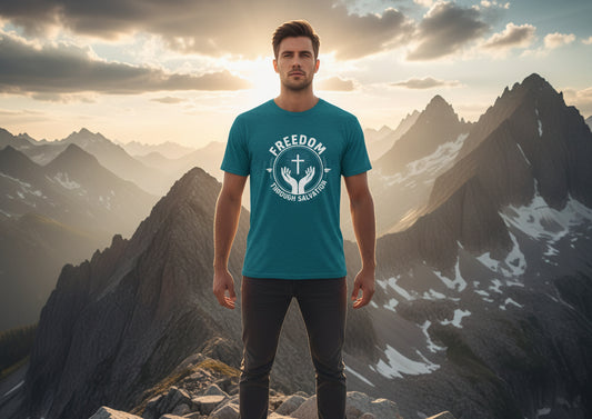 Freedom Through Salvation Christian T-Shirt ANTIQUE SAPPHIRE Salvation Clothing and Accessories Apparel
