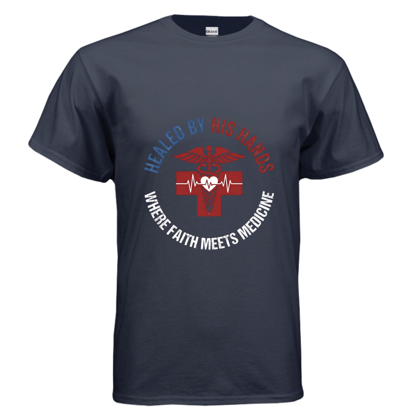 Healed by His Hands Doctors Faith T-Shirt NAVY Salvation Clothing and Accessories Apparel