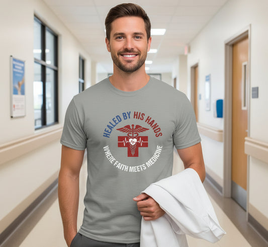 Healed by His Hands Doctors Christian T-Shirt GRAVEL Salvation Clothing and Accessories Apparel
