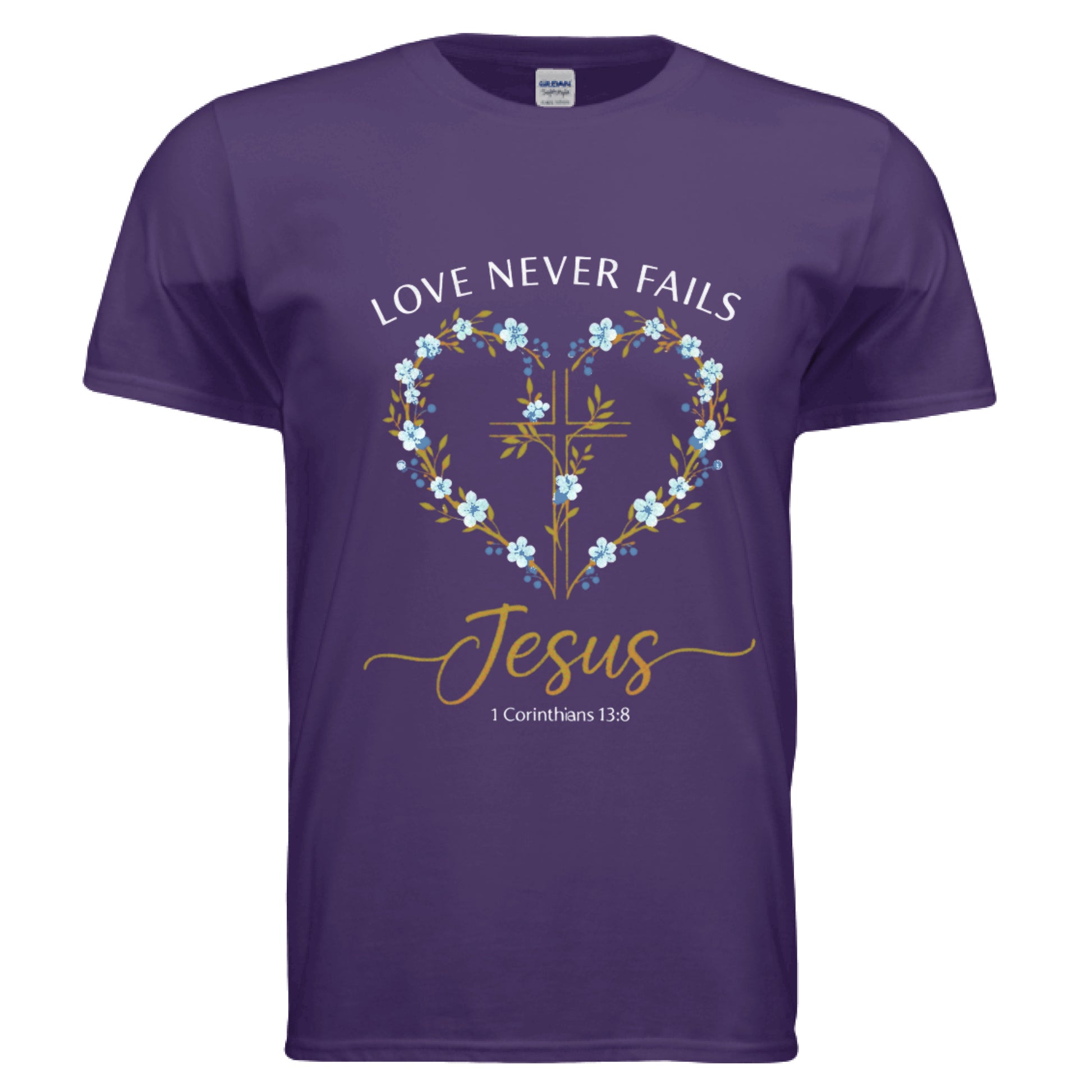 Love Never Fails Jesus 1 Corinthians 13:8 Faith T-Shirt PURPLE Salvation Clothing and Accessories Apparel