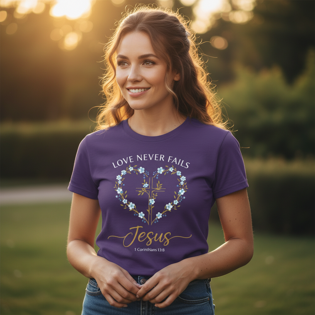 Love Never Fails Jesus 1 Corinthians 13:8 Faith T-Shirt Salvation Clothing and Accessories Apparel