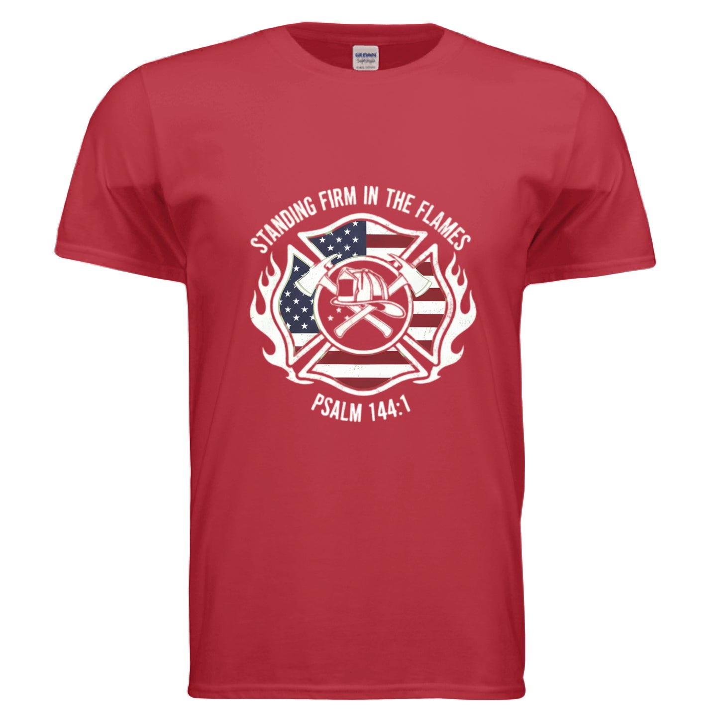 Standing Firm in the Flames Psalm 144:1 Firefighter Faith T-Shirt RED Salvation Clothing and Accessories Apparel