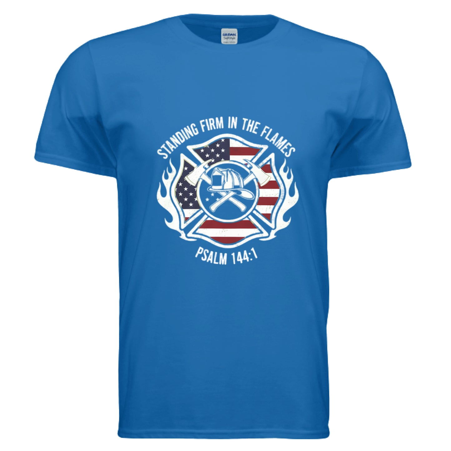 Standing Firm in the Flames Psalm 144:1 Firefighter Faith T-Shirt ROYAL Salvation Clothing and Accessories Apparel
