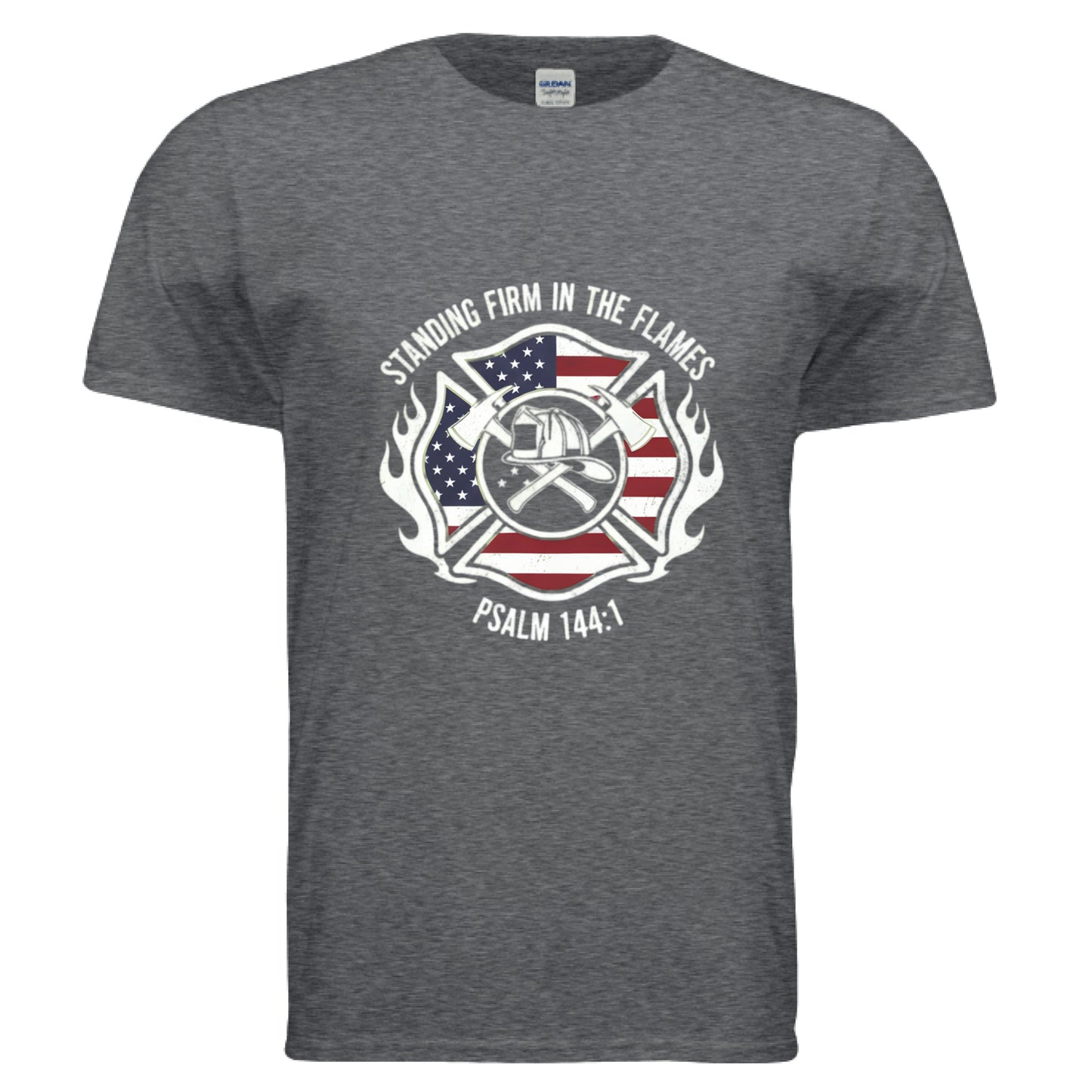 Standing Firm in the Flames Psalm 144:1 Firefighter Faith T-Shirt DARK HEATHER Salvation Clothing and Accessories Apparel