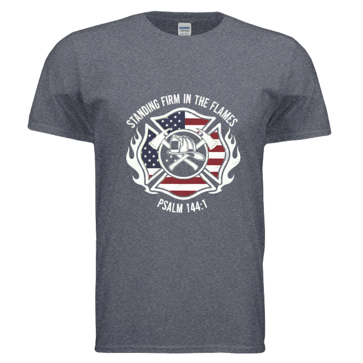 Standing Firm in the Flames Psalm 144:1 Firefighter Faith T-Shirt HEATHER NAVY Salvation Clothing and Accessories Apparel