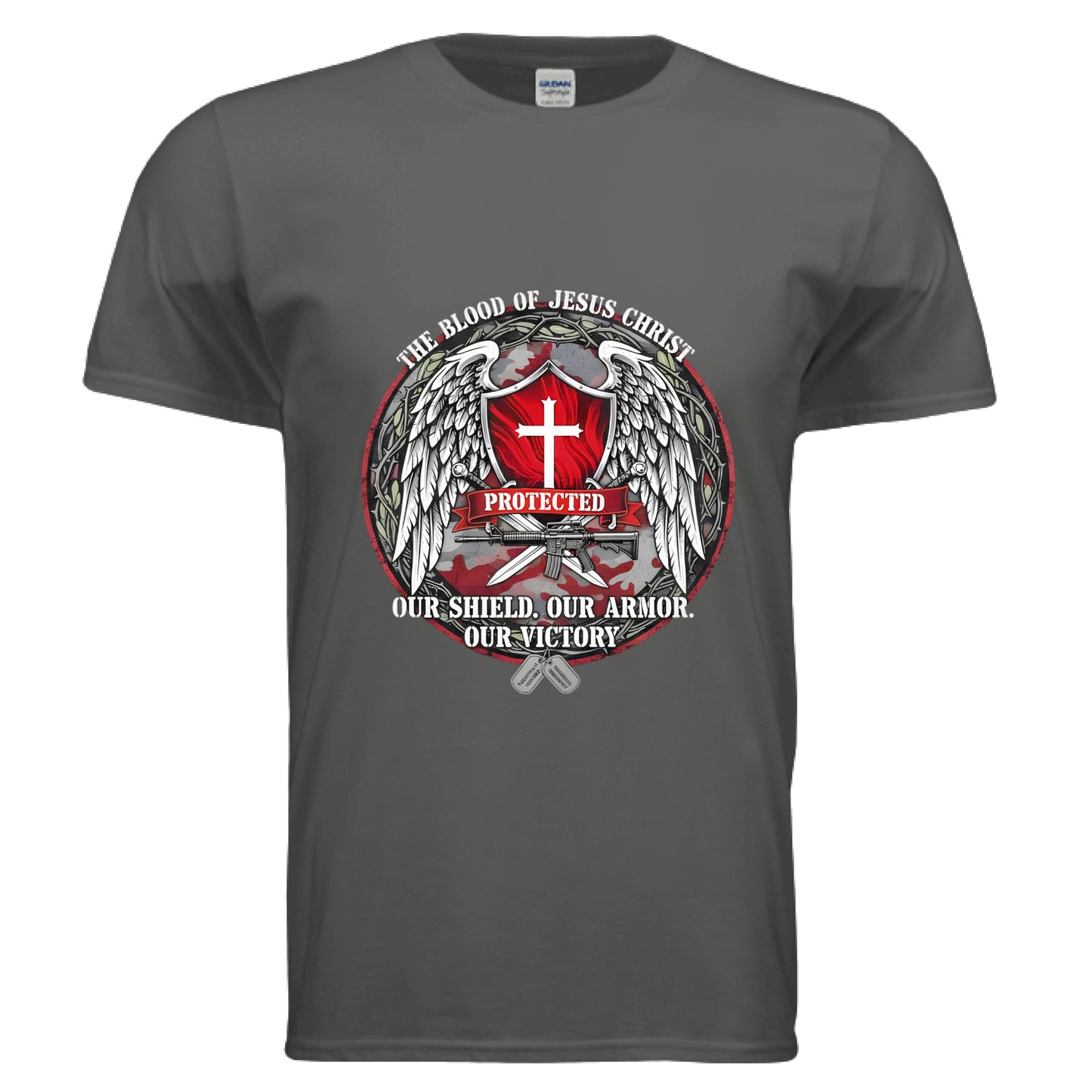 The Blood of Jesus Christ Our Shield Our Armor Our Victory Military Faith T-Shirt CHARCOAL Salvation Clothing and Accessories Apparel