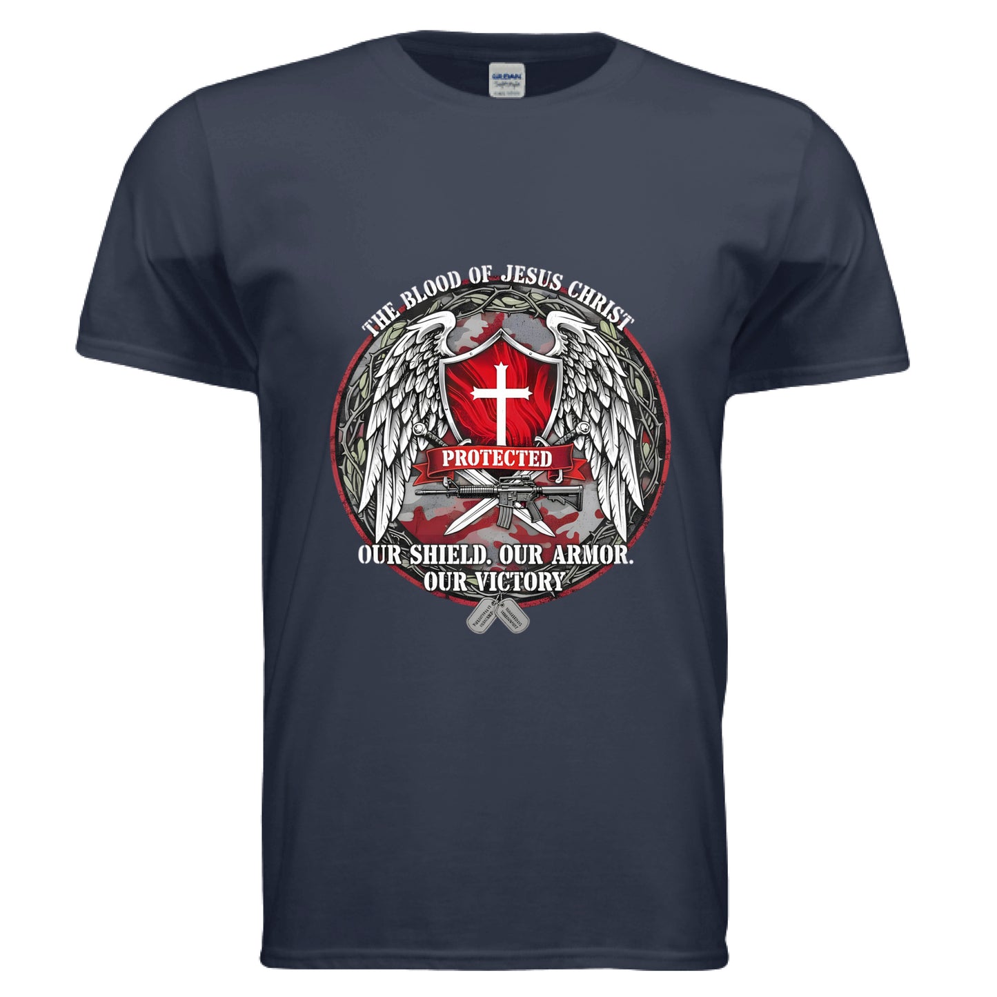 The Blood of Jesus Christ Our Shield Our Armor Our Victory Military Faith T-Shirt NAVY Salvation Clothing and Accessories Apparel