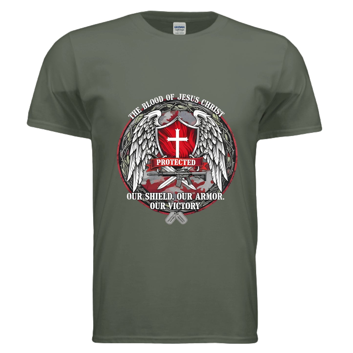 The Blood of Jesus Christ Our Shield Our Armor Our Victory Military Faith T-Shirt MILITARY GREEN Salvation Clothing and Accessories Apparel