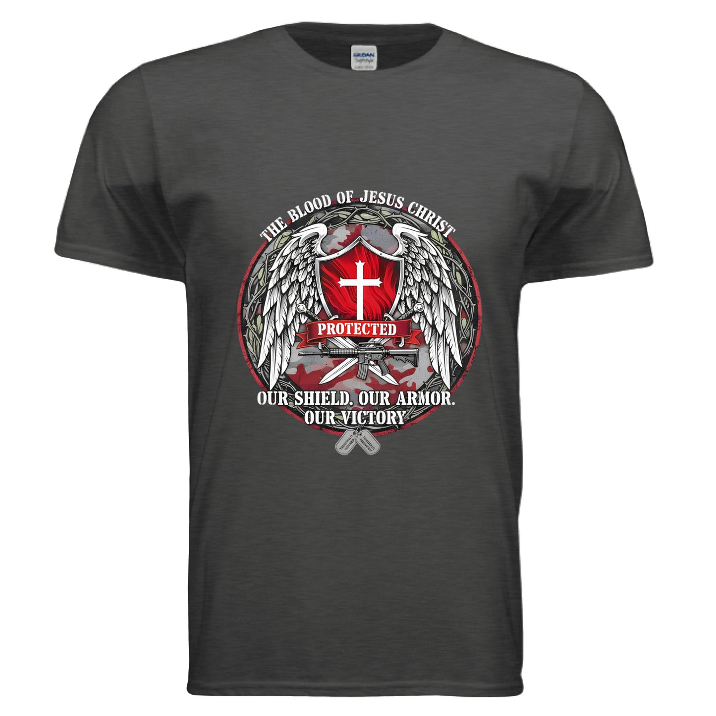 The Blood of Jesus Christ Our Shield Our Armor Our Victory Military Faith T-Shirt Heather Dark Grey Salvation Clothing and Accessories Apparel