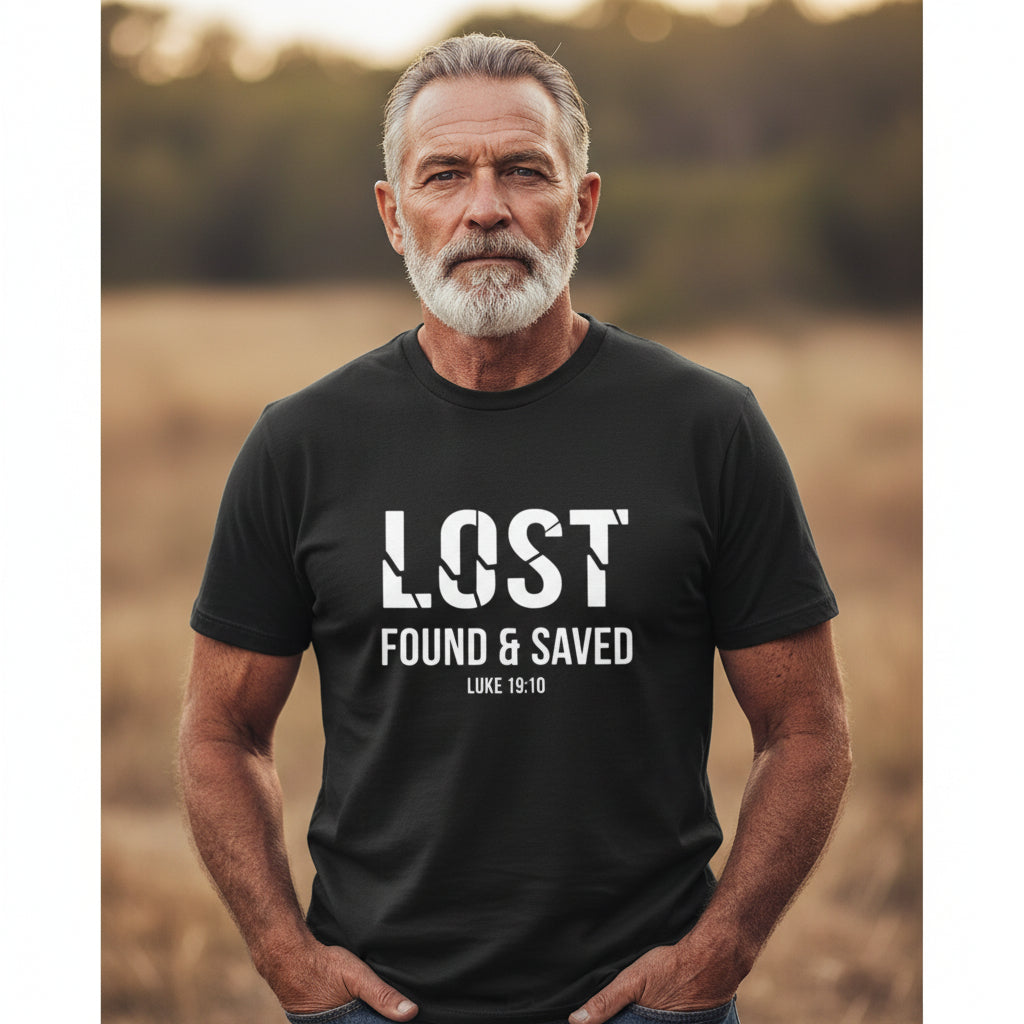 Lost Found Saved Luke 19:10 Christian T-Shirt BLACK Salvation Clothing and Accessories Apparel