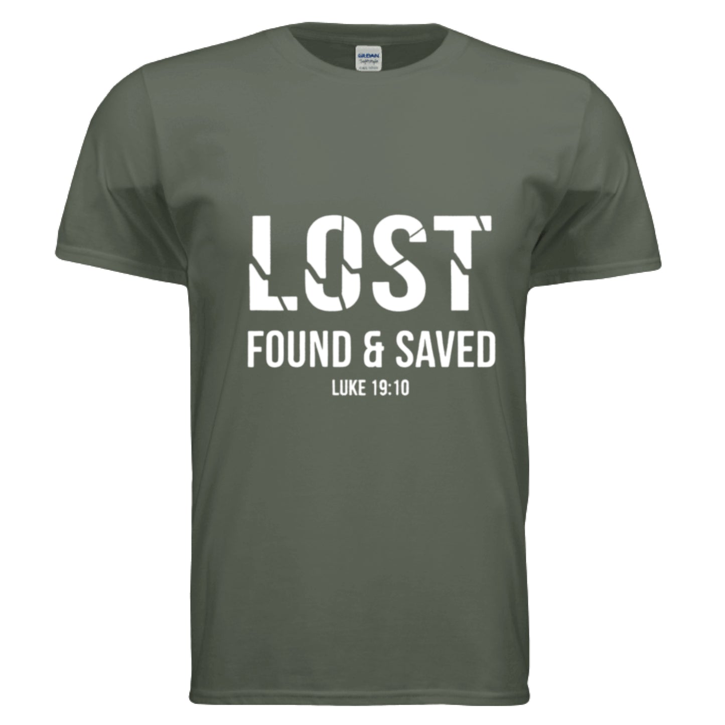Lost Found Saved Luke 19:10 Christian T-Shirt MILITARY GREEN Salvation Clothing and Accessories Apparel