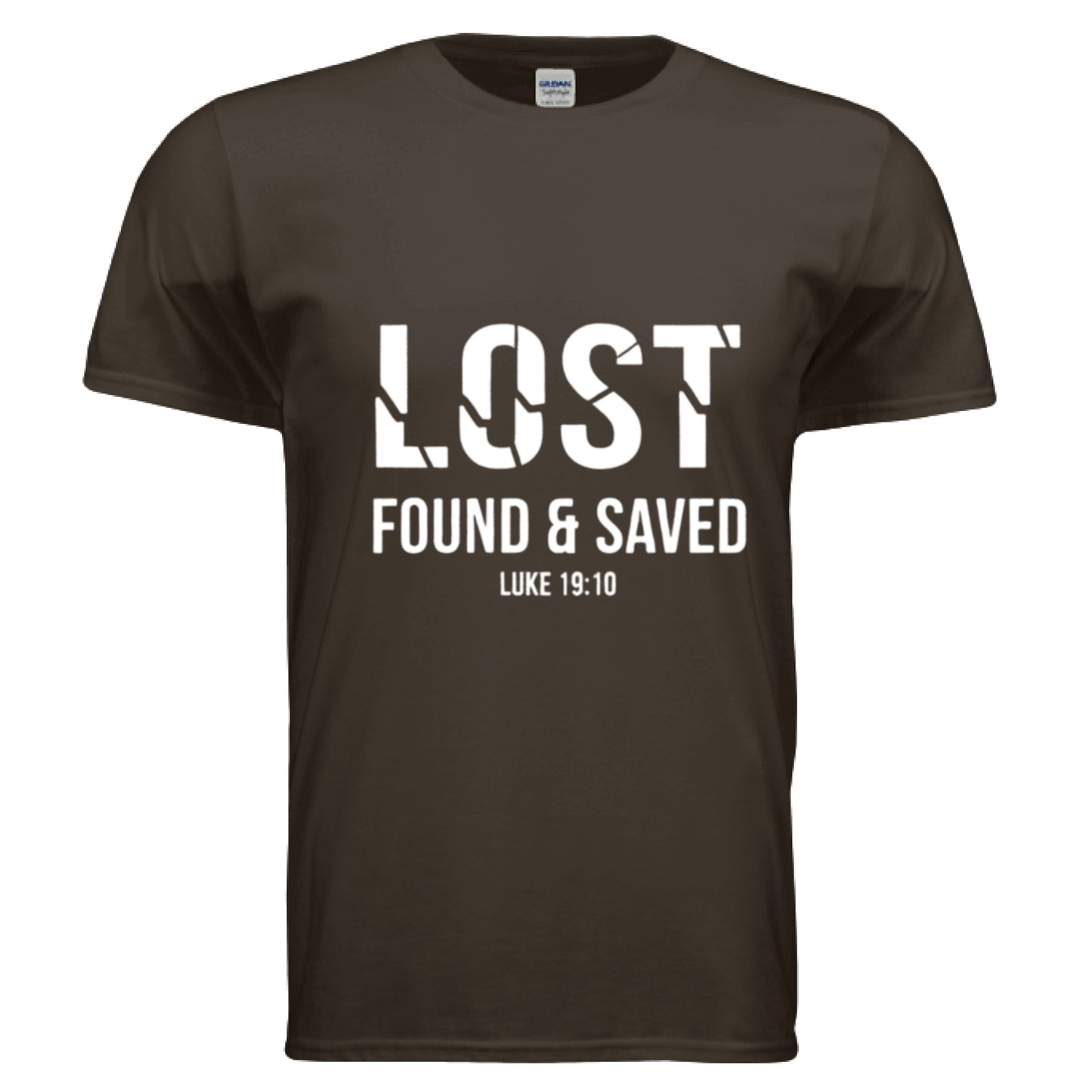 Lost Found Saved Luke 19:10 Christian T-Shirt DARK CHOCOLATE Salvation Clothing and Accessories Apparel