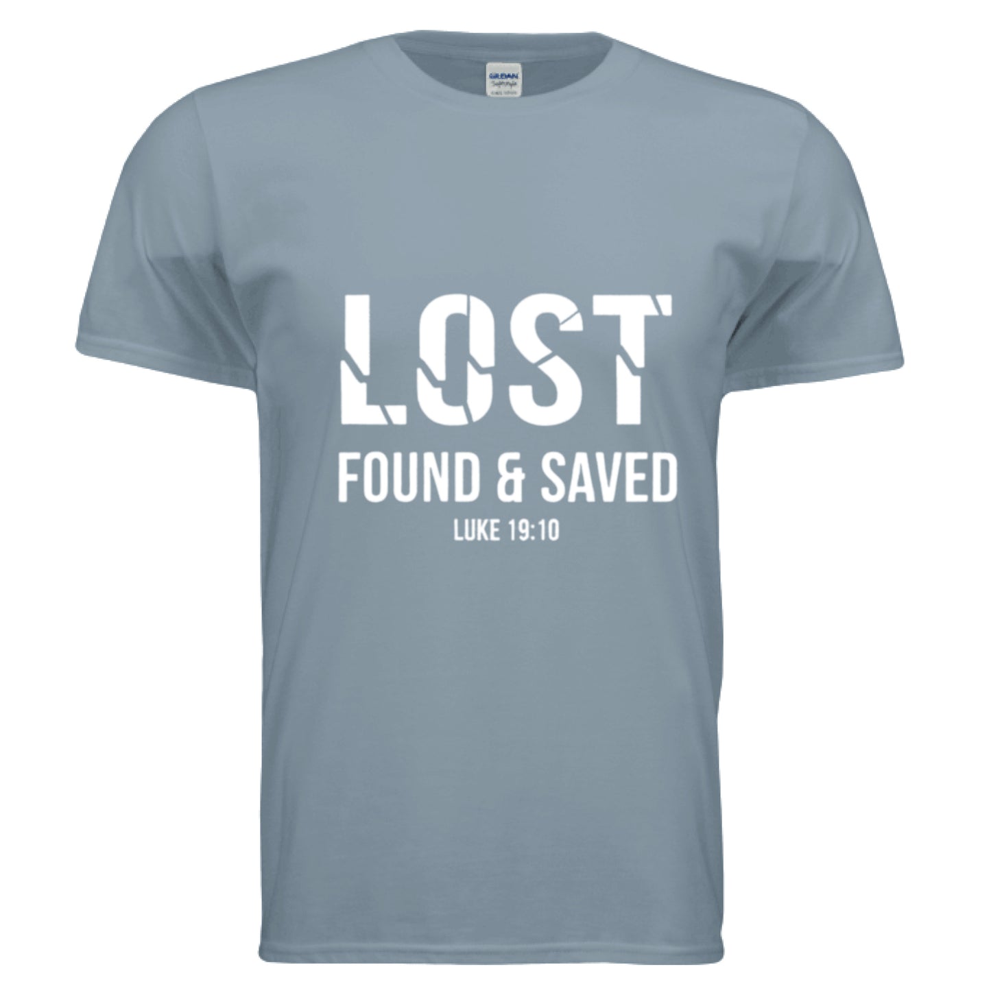 Lost Found Saved Luke 19:10 Christian T-Shirt Stone Blue Salvation Clothing and Accessories Apparel