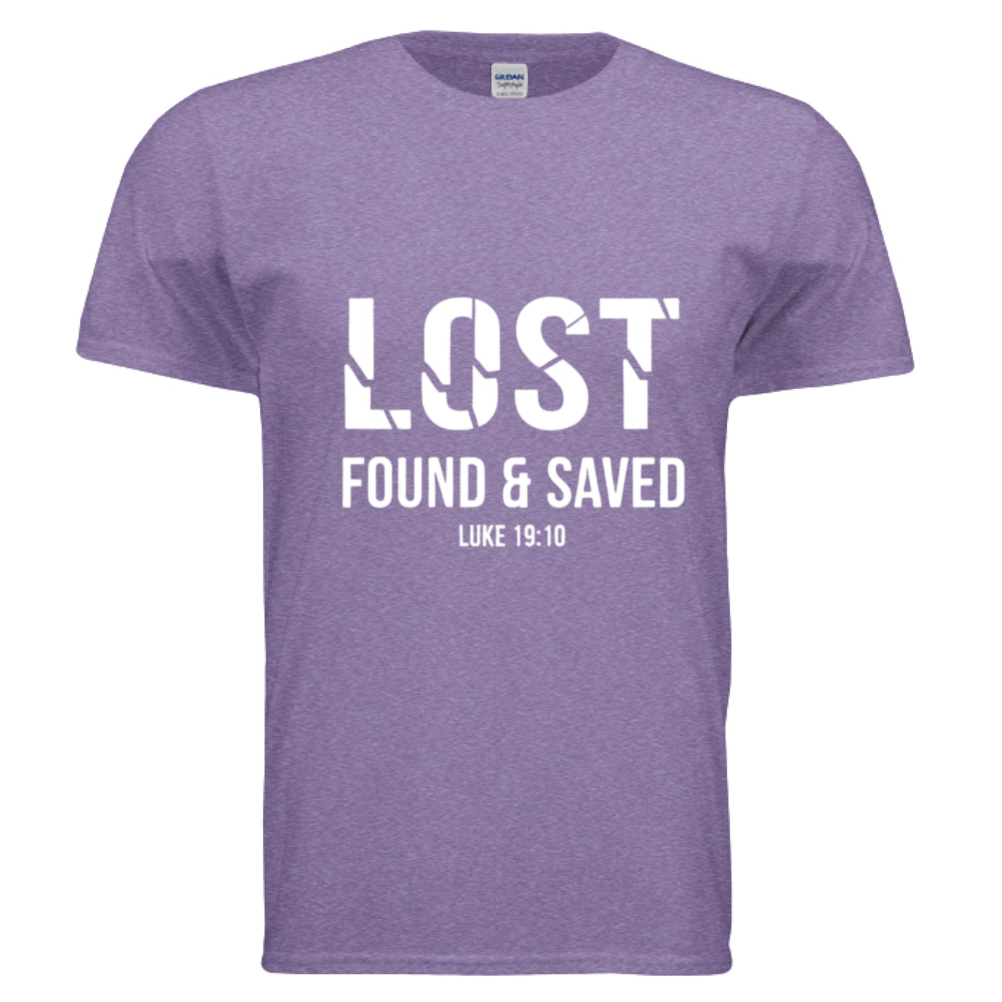 Lost Found Saved Luke 19:10 Christian T-Shirt HEATHER PURPLE Salvation Clothing and Accessories Apparel