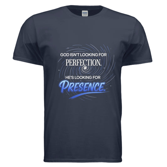 God isn't looking for Perfection Christian T-Shirt NAVY Salvation Clothing and Accessories