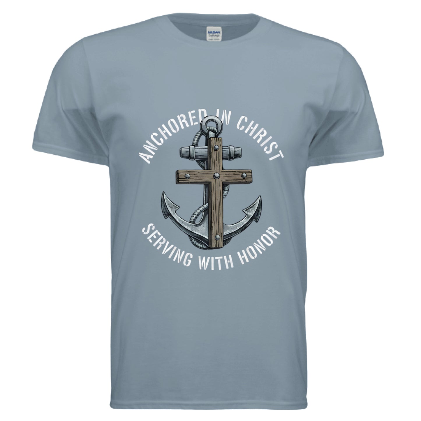 Anchored in Christ Christian T-Shirt (Navy) Stone Blue Salvation Clothing and Accessories Apparel
