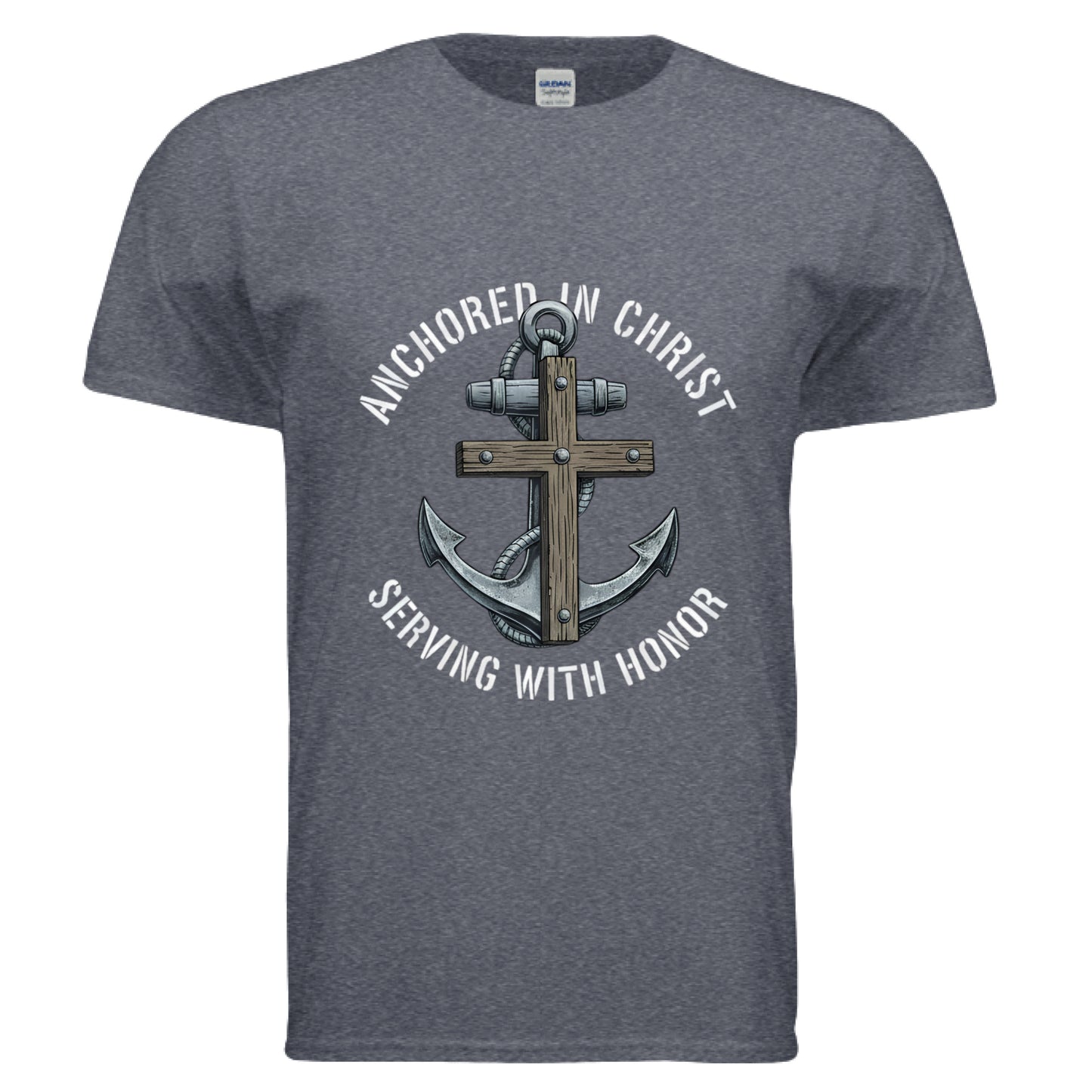 Anchored in Christ Christian T-Shirt (Navy) HEATHER NAVY Salvation Clothing and Accessories Apparel