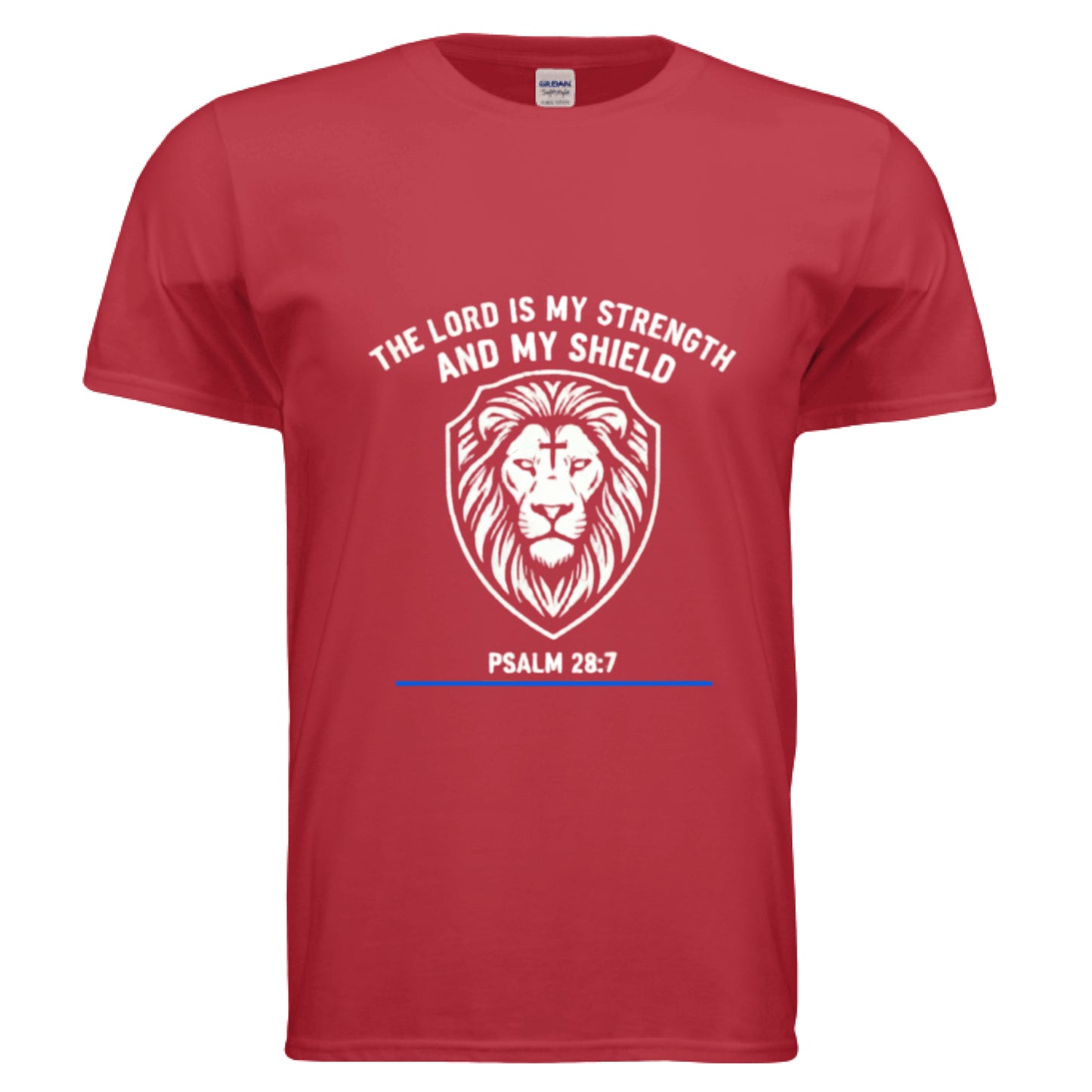 The Lord is my Strength and my Shield Psalm 28:7 Faith T-Shirt (Police) RED Salvation Clothing and Accessories Apparel
