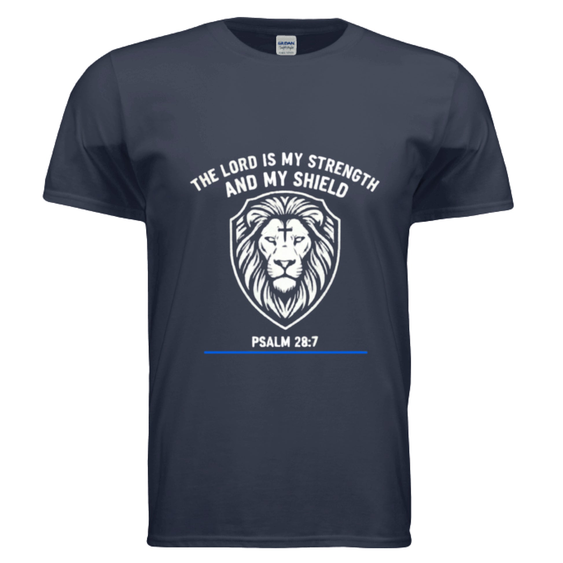 The Lord is my Strength and my Shield Psalm 28:7 Faith T-Shirt (Police) NAVY Salvation Clothing and Accessories Apparel