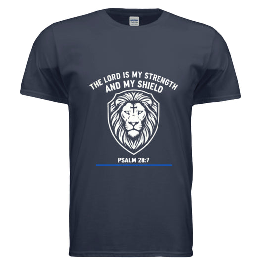 The Lord is my Strength and my Shield Psalm 28:7 Christian T-Shirt (Police) NAVY Salvation Clothing and Accessories Apparel