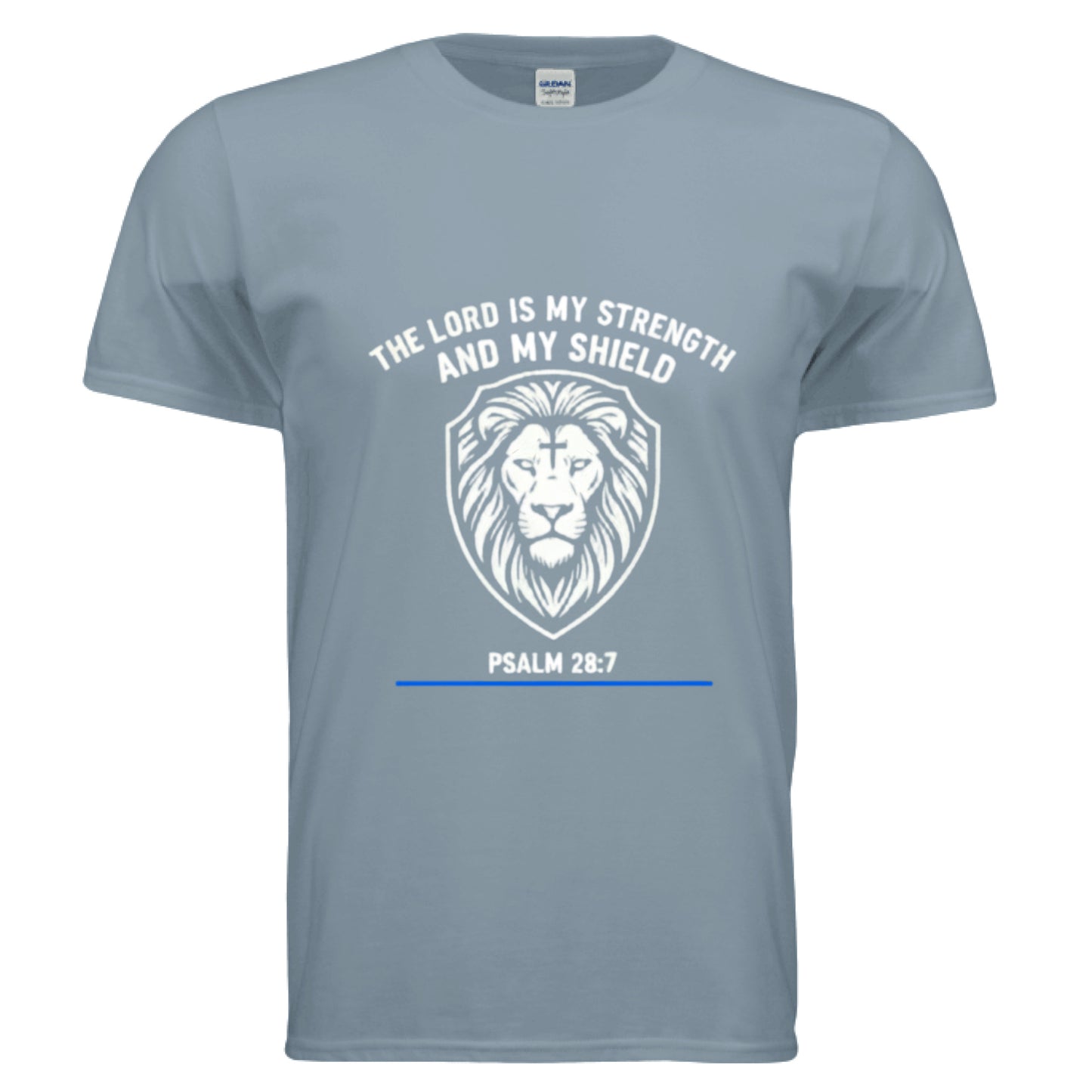 The Lord is my Strength and my Shield Psalm 28:7 Faith T-Shirt (Police) Stone Blue Salvation Clothing and Accessories Apparel