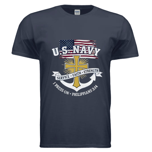 Service Faith Strength I Press On Philippians 3:14 Christian T-Shirt (Navy) NAVY Salvation Clothing and Accessories Apparel