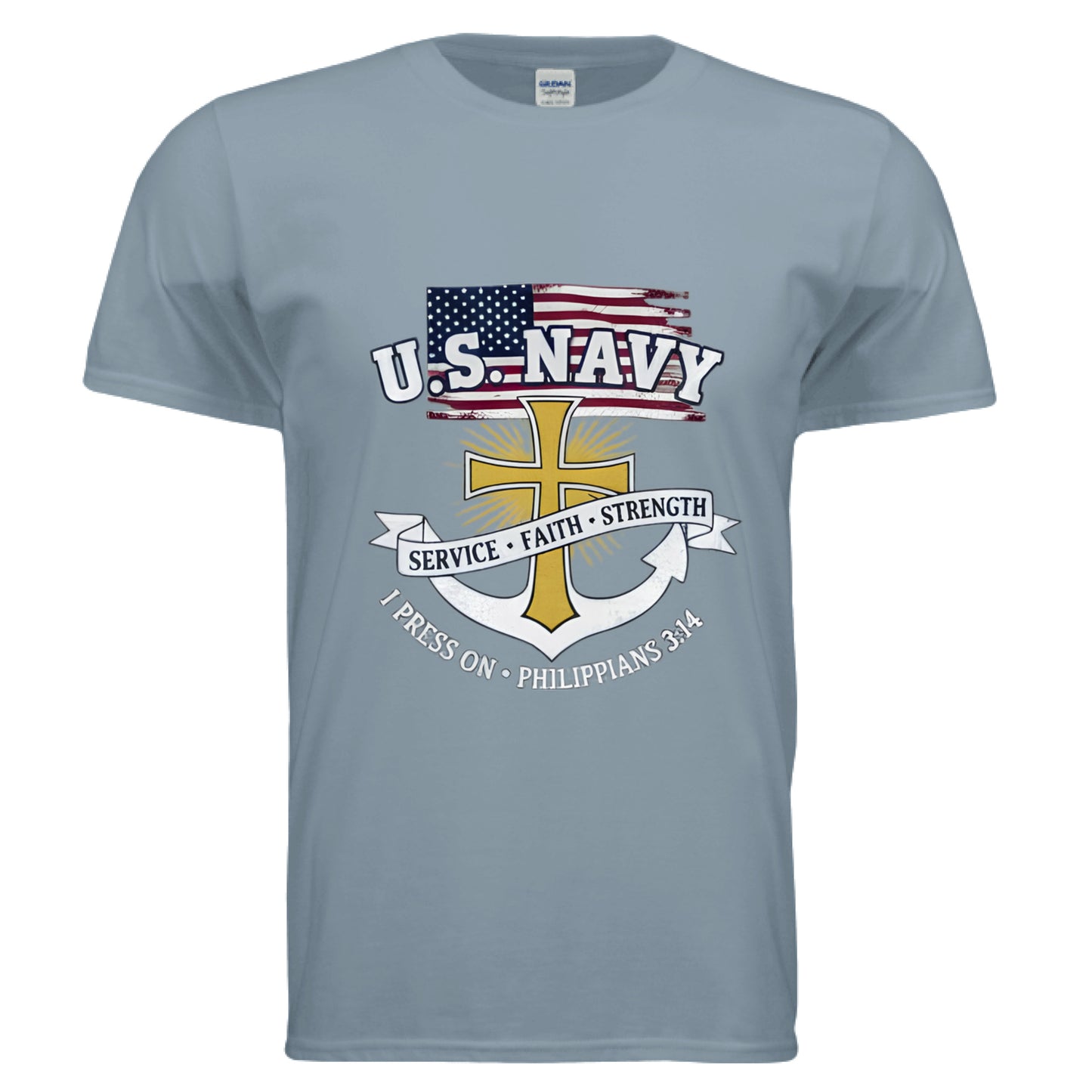 Service Faith Strength I Press On Philippians 3:14 Faith T-Shirt (Navy) Stone Blue Salvation Clothing and Accessories Apparel