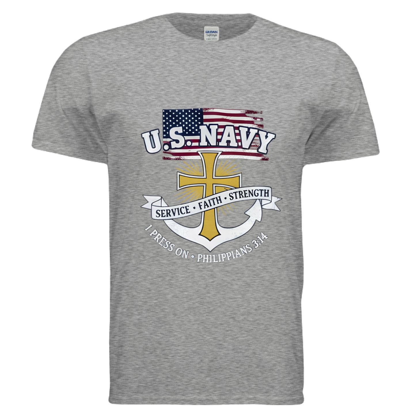 Service Faith Strength I Press On Philippians 3:14 Faith T-Shirt (Navy) GRAPHITE HEATHER Salvation Clothing and Accessories Apparel
