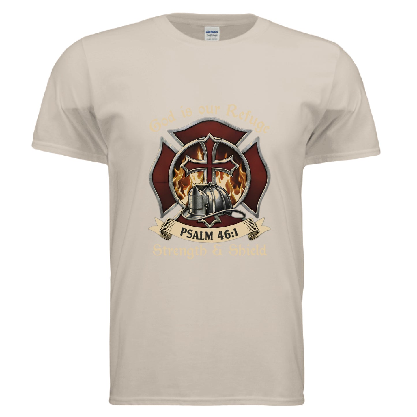 God is our Refuge Strength & Shield Psalm 46:1 Faith T-Shirt (Firefighter) Salvation Clothing and Accessories Apparel