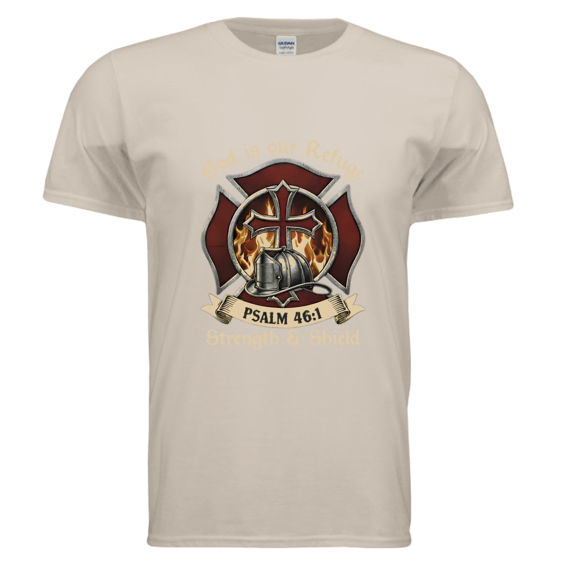 God is our Refuge Strength & Shield Psalm 46:1 Faith T-Shirt (Firefighter) Salvation Clothing and Accessories Apparel