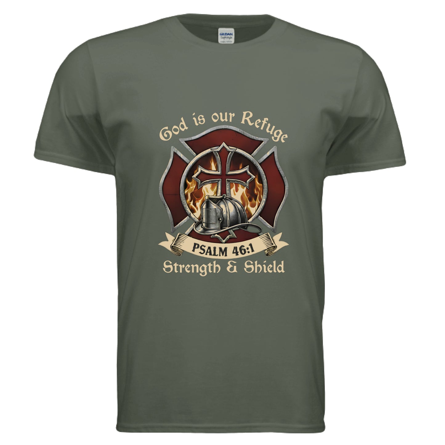 God is our Refuge Strength & Shield Psalm 46:1 Faith T-Shirt (Firefighter) Salvation Clothing and Accessories Apparel