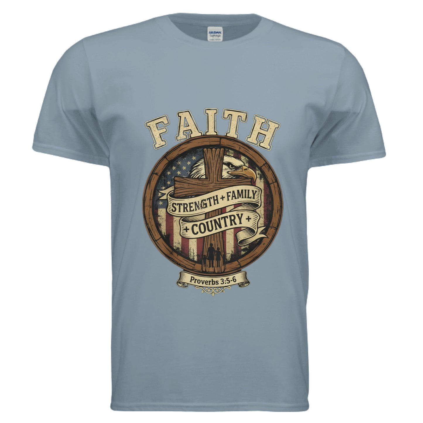 Faith Strength Family Country Proverbs 3:5-6 Faith T-Shirt Stone Blue Salvation Clothing and Accessories Apparel