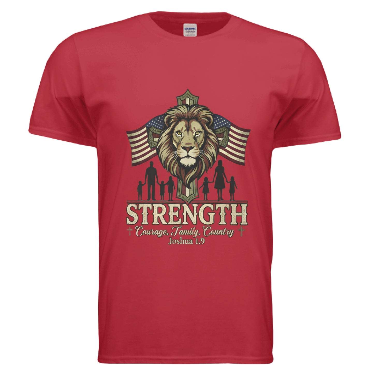 STRENGTH Courage Family Country Joshua 1:9 Faith T-Shirt RED Salvation Clothing and Accessories Apparel