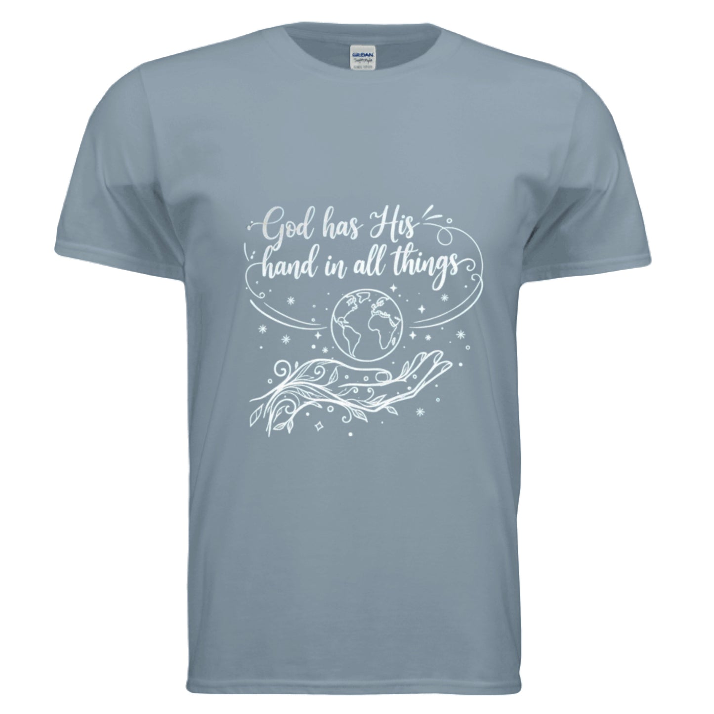 God has His Hand in all Things Faith T-Shirt Stone Blue Salvation Clothing and Accessories Apparel