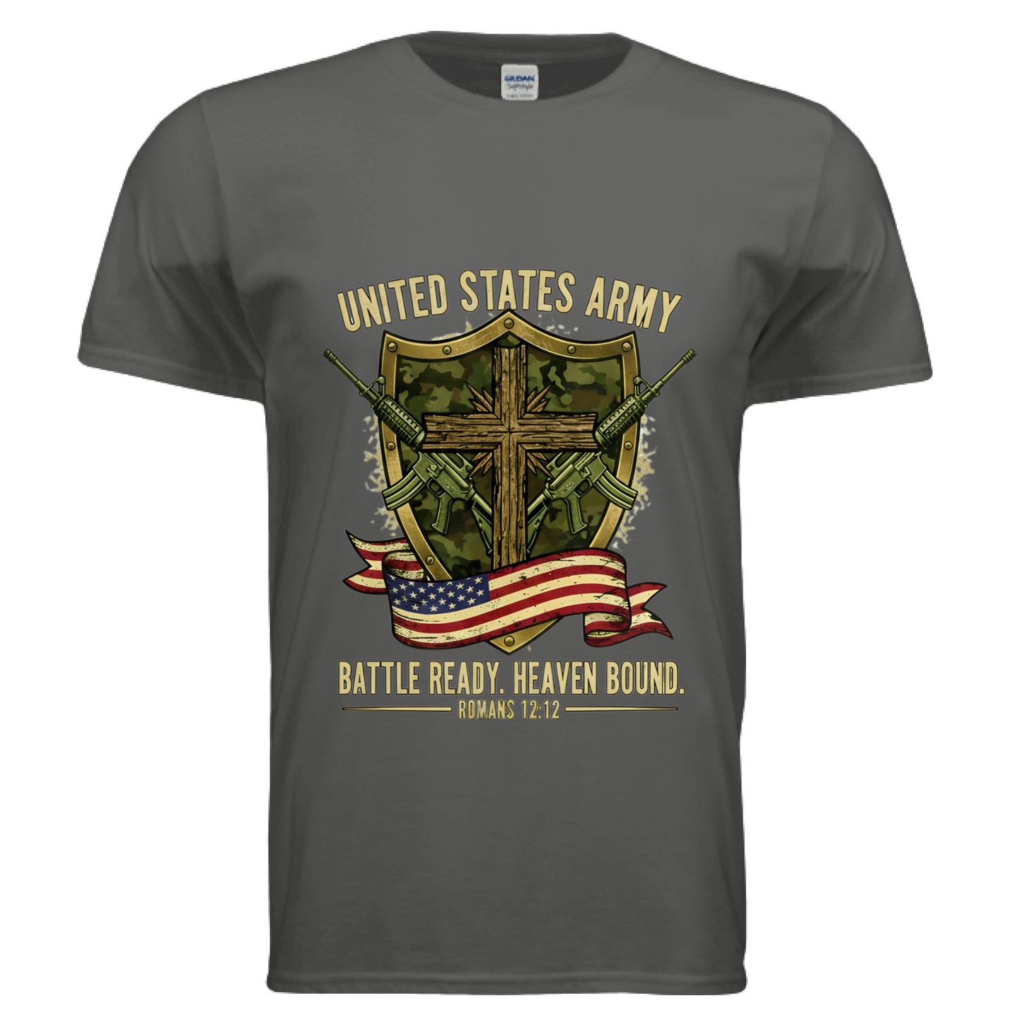 United States Army Battle Ready Romans 12:12 Faith T-Shirts CHARCOAL Salvation Clothing and Accessories Apparel