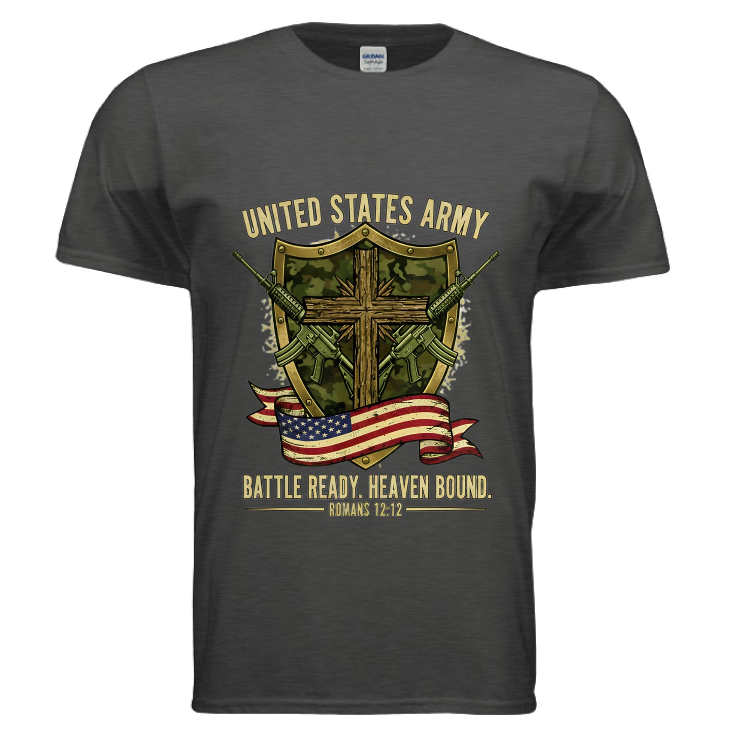 United States Army Battle Ready Romans 12:12 Faith T-Shirts Heather Dark Grey Salvation Clothing and Accessories Apparel