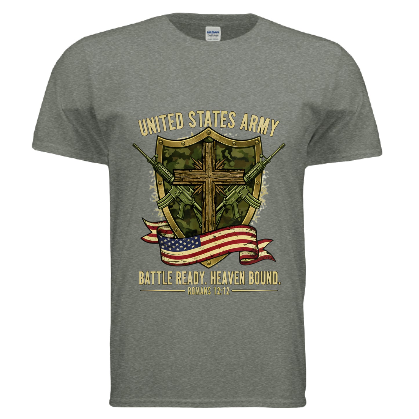 United States Army Battle Ready Romans 12:12 Faith T-Shirts HEATHER MILITARY GREEN Salvation Clothing and Accessories Apparel