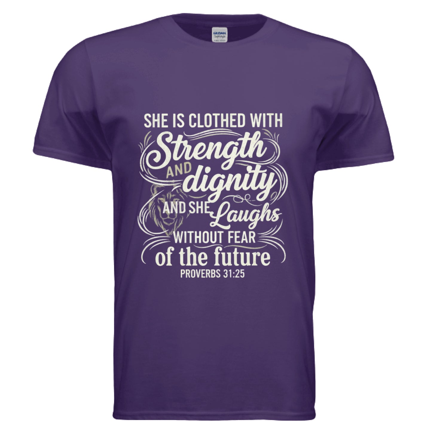 Strength and Dignity Proverbs 31:25 Faith T-Shirt PURPLE Salvation Clothing and Accessories Apparel