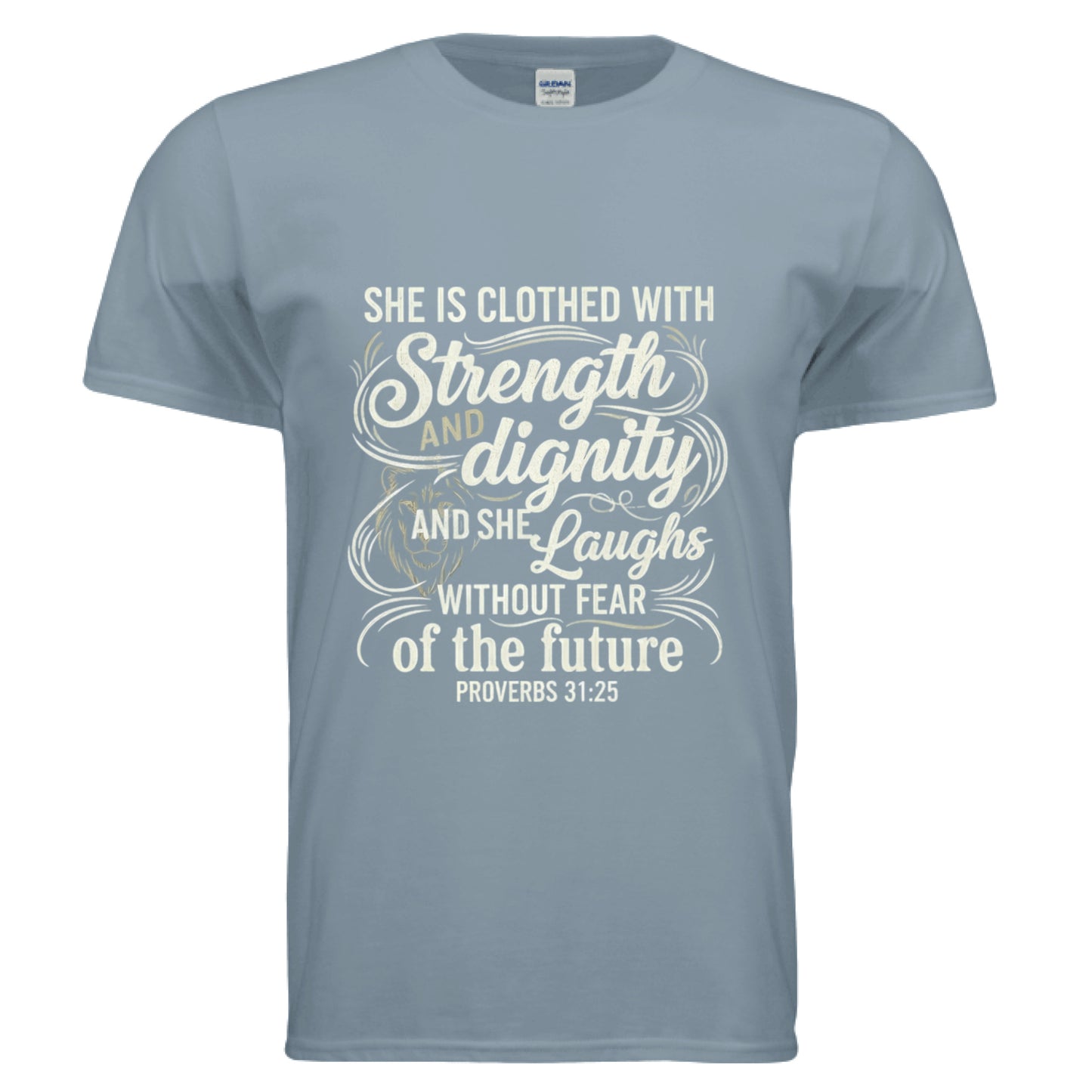Strength and Dignity Proverbs 31:25 Faith T-Shirt Stone Blue Salvation Clothing and Accessories Apparel