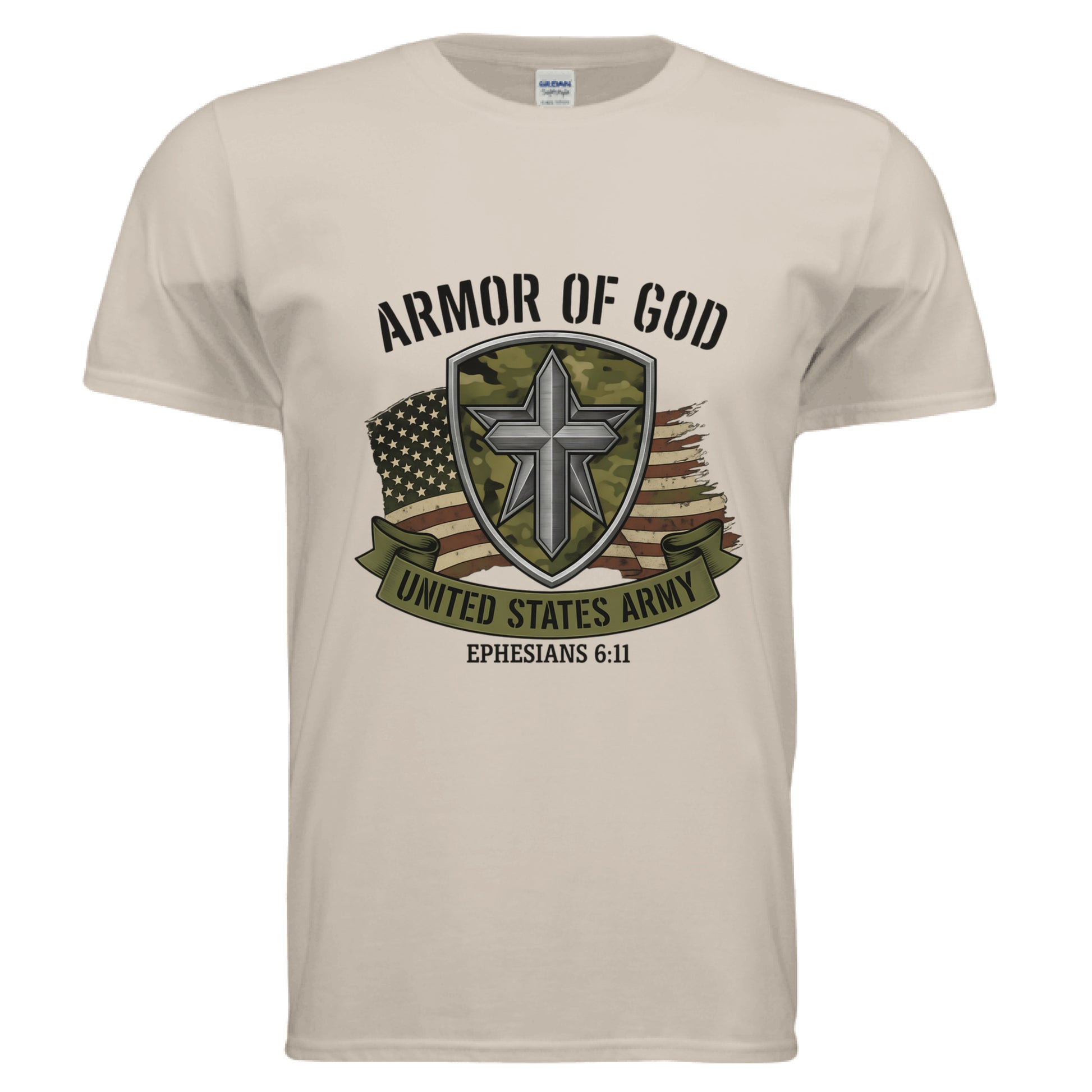 Amor of God United States Army Ephesians 6:11 Faith T-Shirt SAND Salvation Clothing and Accessories Apparel