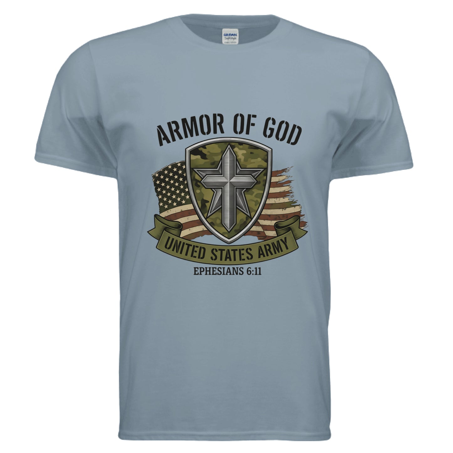 Amor of God United States Army Ephesians 6:11 Faith T-Shirt Stone Blue Salvation Clothing and Accessories Apparel