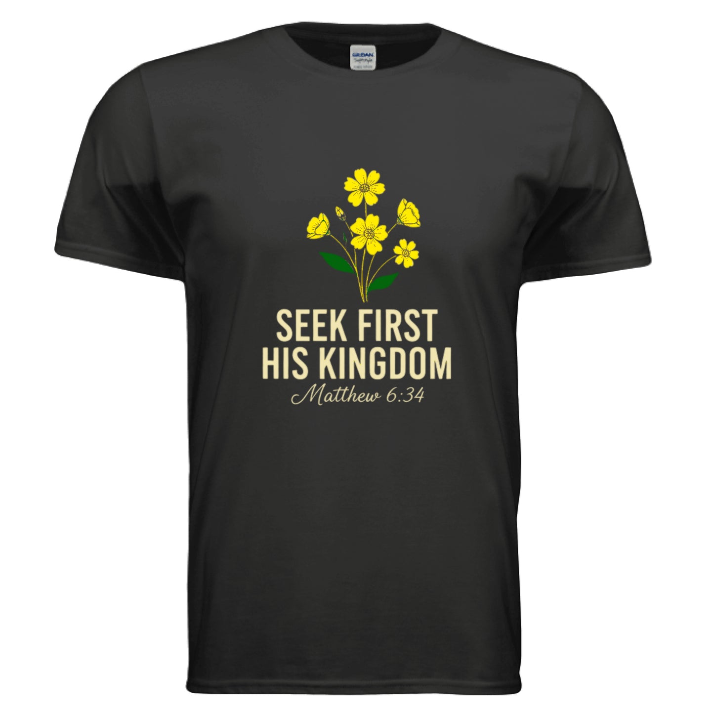 Seek First his Kingdom Matthew 6:34 Faith T-Shirt BLACK Salvation Clothing and Accessories Apparel