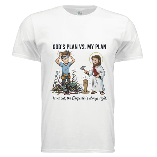 Gods plan vs My plan Christian T-Shirt (Funny) WHITE Salvation Clothing and Accessories