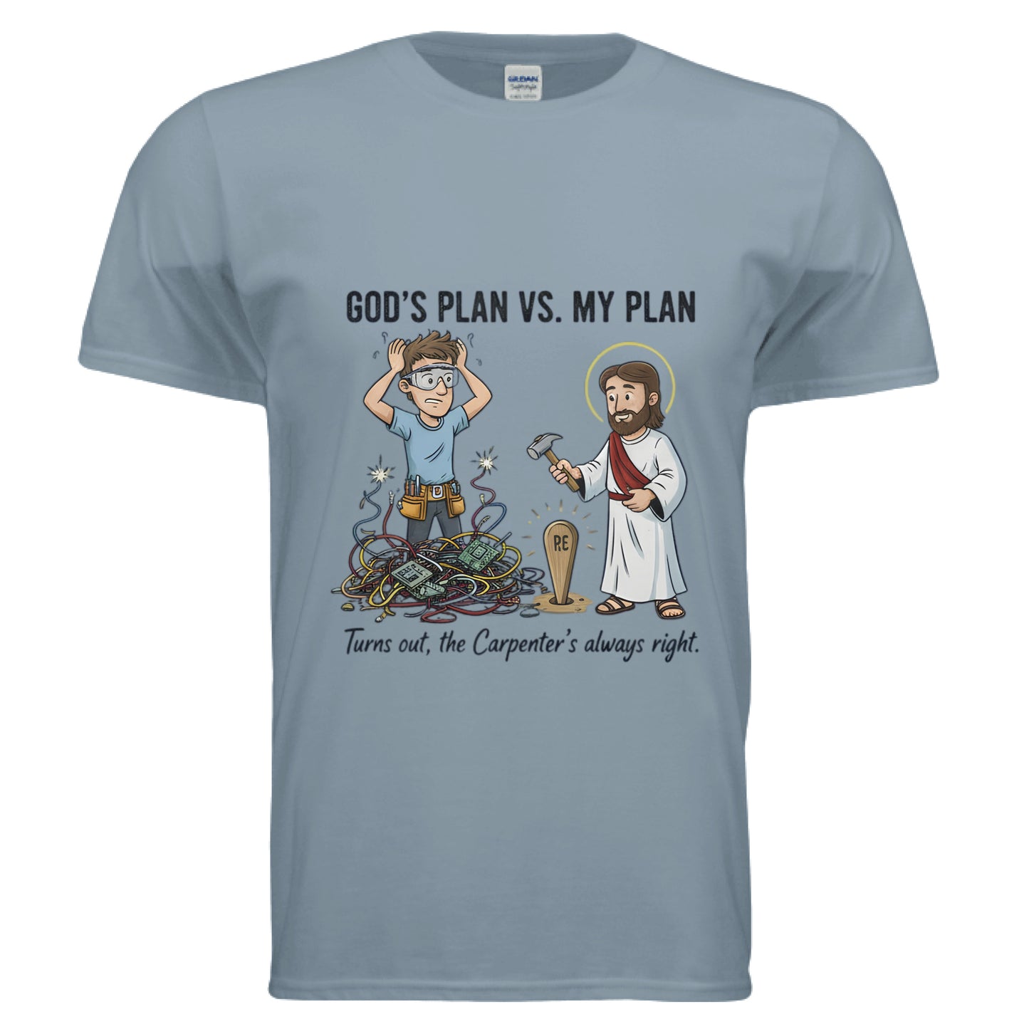 Gods plan vs My plan Faith T-Shirt (Funny) Stone Blue Salvation Clothing and Accessories