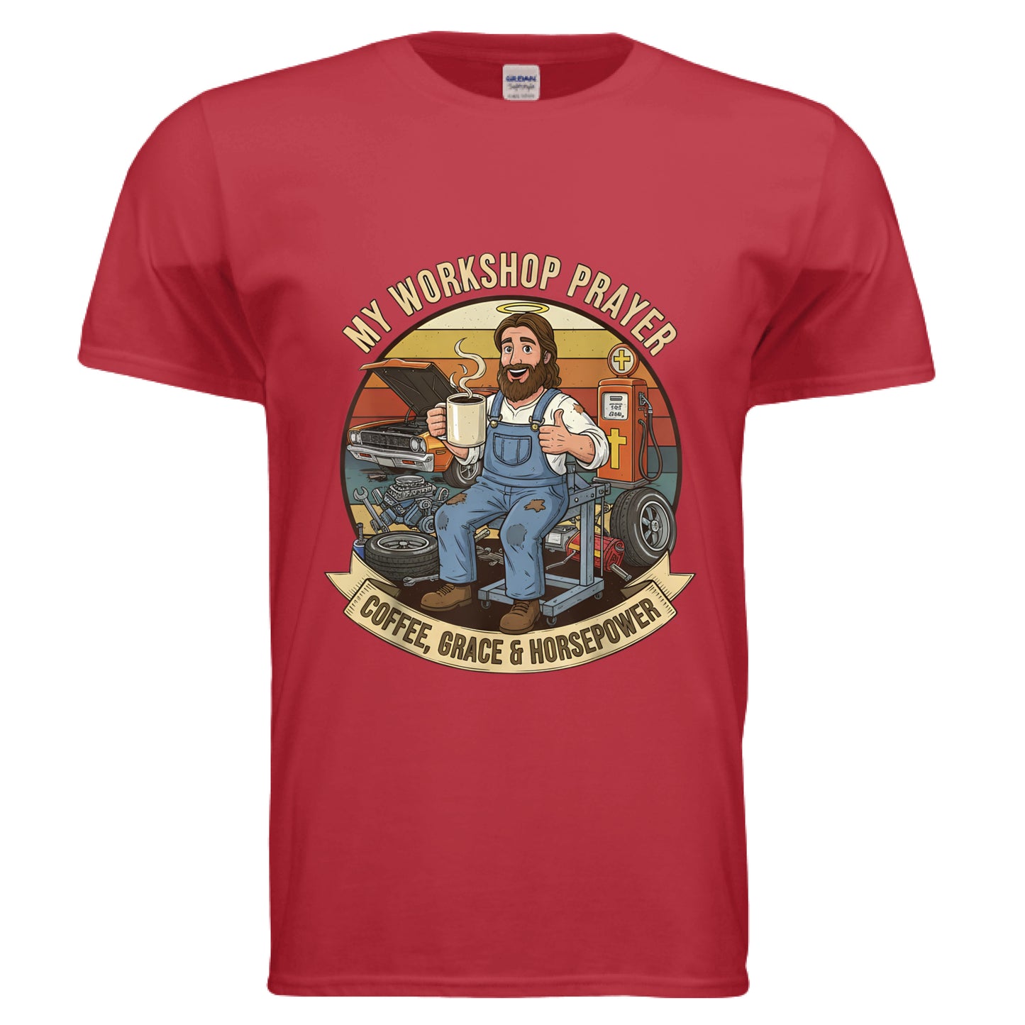 My Workshop Prayer Coffee Grace Horsepower Faith T-Shirt RED Salvation Clothing and Accessories Apparel