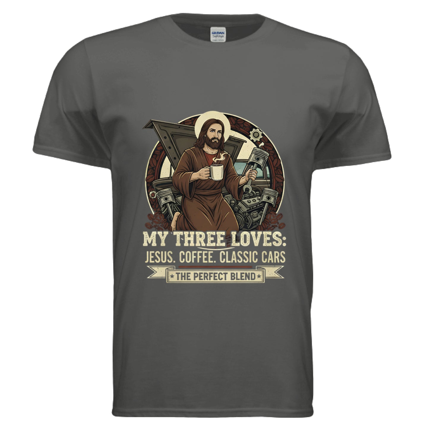 My Three Loves Jesus Coffee Classic Cars Faith T-Shirt CHARCOAL Salvation Clothing and Accessories Apparel
