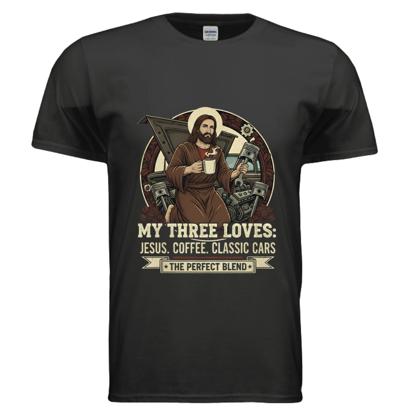 My Three Loves Jesus Coffee Classic Cars Faith T-Shirt BLACK Salvation Clothing and Accessories Apparel