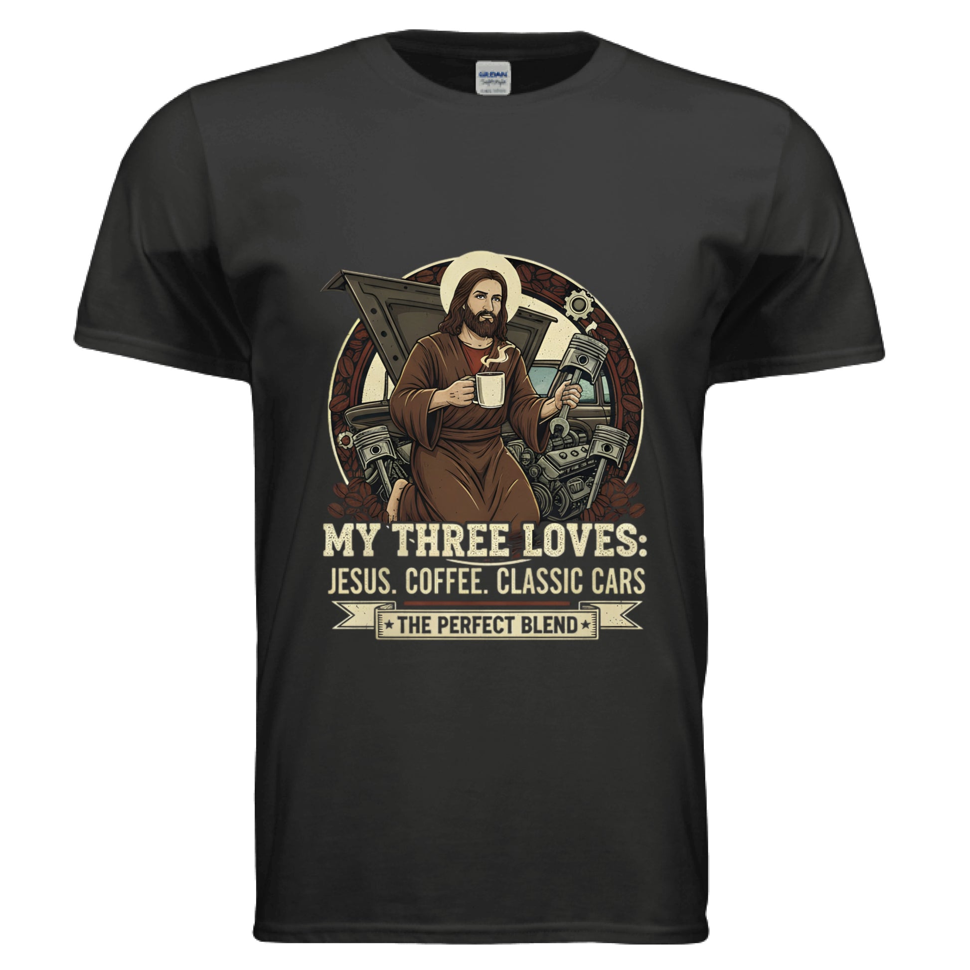 My Three Loves Jesus Coffee Classic Cars Faith T-Shirt BLACK Salvation Clothing and Accessories Apparel